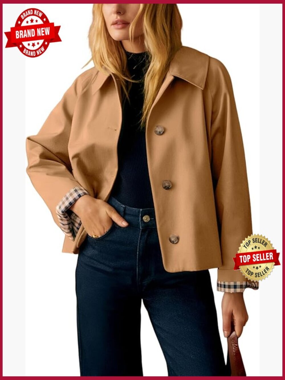 Cropped Trench Jacket with Plaid Lining Lightweight Casual Short Outerwear